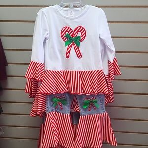 Candy canes Christmas outfit with denim candy cane bells